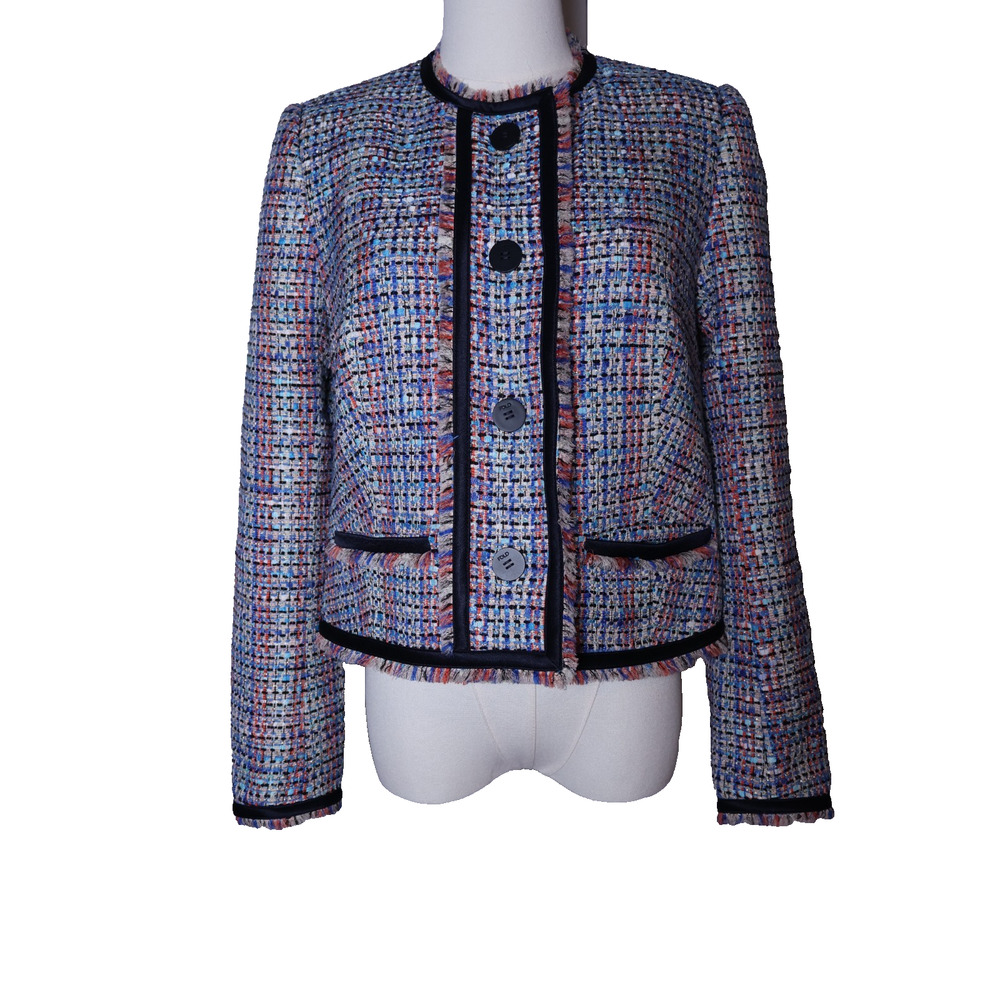 The Fold London Cropped Spring Tweed Fringe Trim Multicolor Jacket Blazer Sz US4